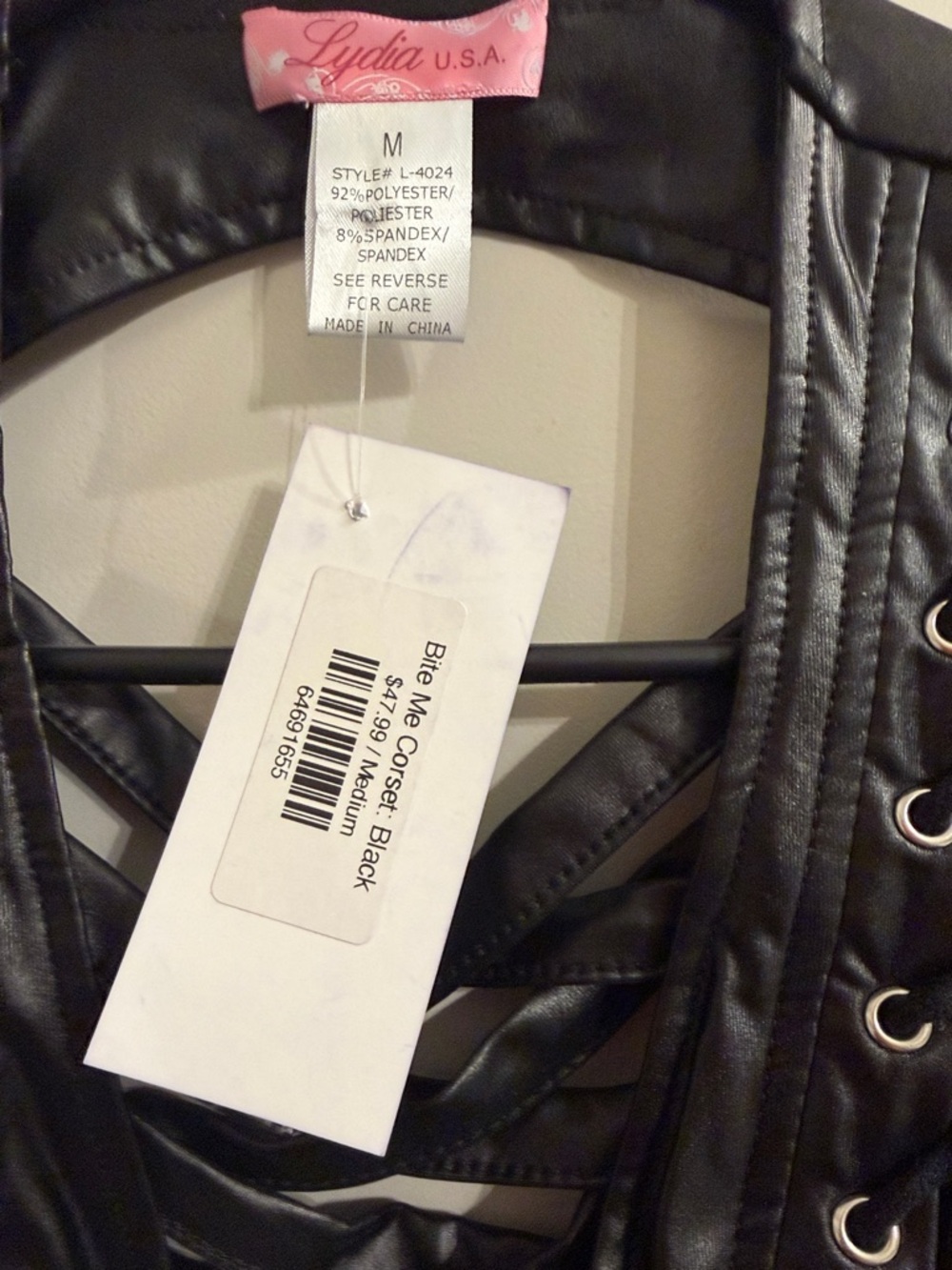 Lydia USA Black Faux Leather Lace-Up Front Zip Women's Top - Picture 3 of 3